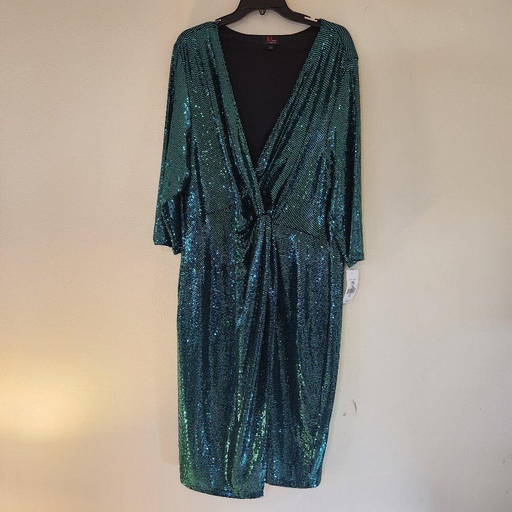 NWT JM Studio Teal Sequined Twist V Neck 1/2 SL Cocktail Party Dress sz 22W